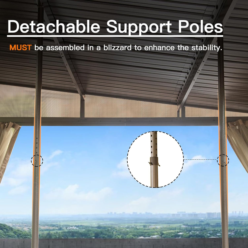 Domi 12x16FT Lean to Gazebo, Hardtop Wall Mounted Gazebo with Sloping Galvanized Steel Roof, Aluminum Frame, Drainage System, Curtains and Netting, for Patio, Deck, Garden, Backyard