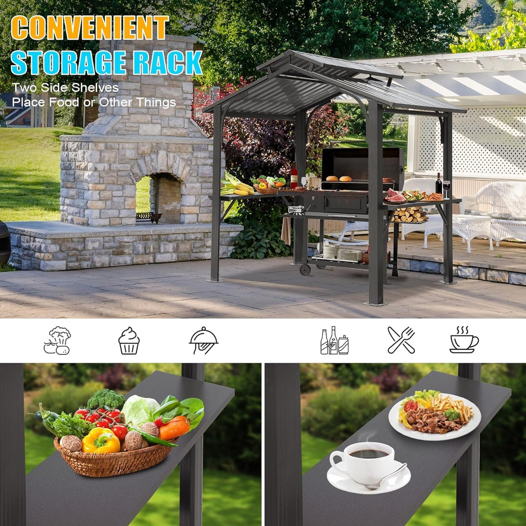 LifeSky 8x5FT Hardtop Grill Gazebo: Galvanized Steel Double Roof BBQ Shelter - Permanent Outdoor Canopy with Side Shelves & Ceiling Hook for Patio Backyard Garden