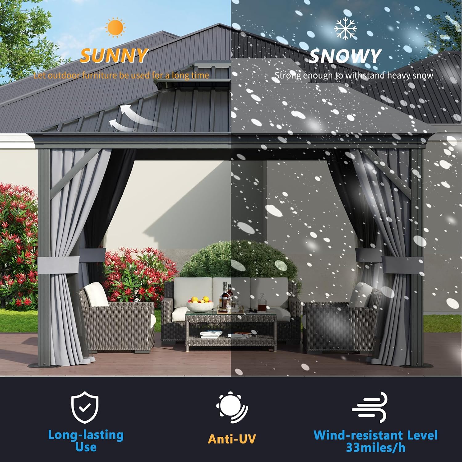 10' x 12' Permanent, Galvanized Steel Double Top, Hardtop Aluminum Frame Gazebo, Outdoor Metal Gazebo with Curtains and Netting, for Decks, Lawns, Parties, Parties