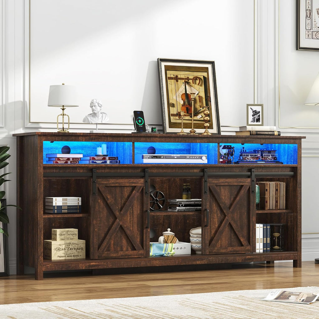 LED Farmhouse TV Stand for 80/75 inch TVs, Rustic Entertainment Center Cabinet with Power Outlets, Brown