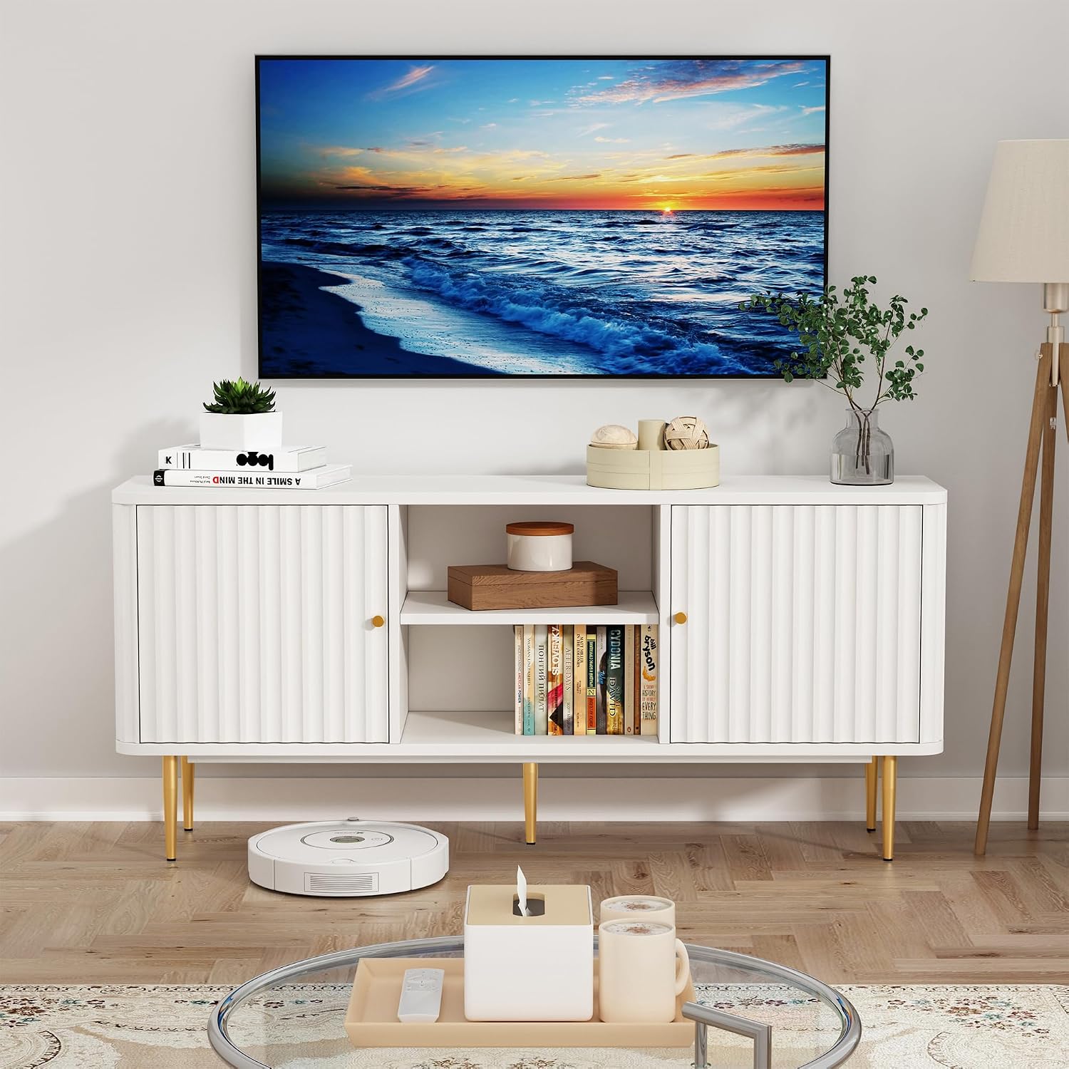ARTPOWER 55' Fluted TV Stand, Mid Century Modern White TV Stand for 55/60/65 inch TV, Entertainment Center with Storage, Television Stands, TV Console, Media Console for Living Room, Bedroom
