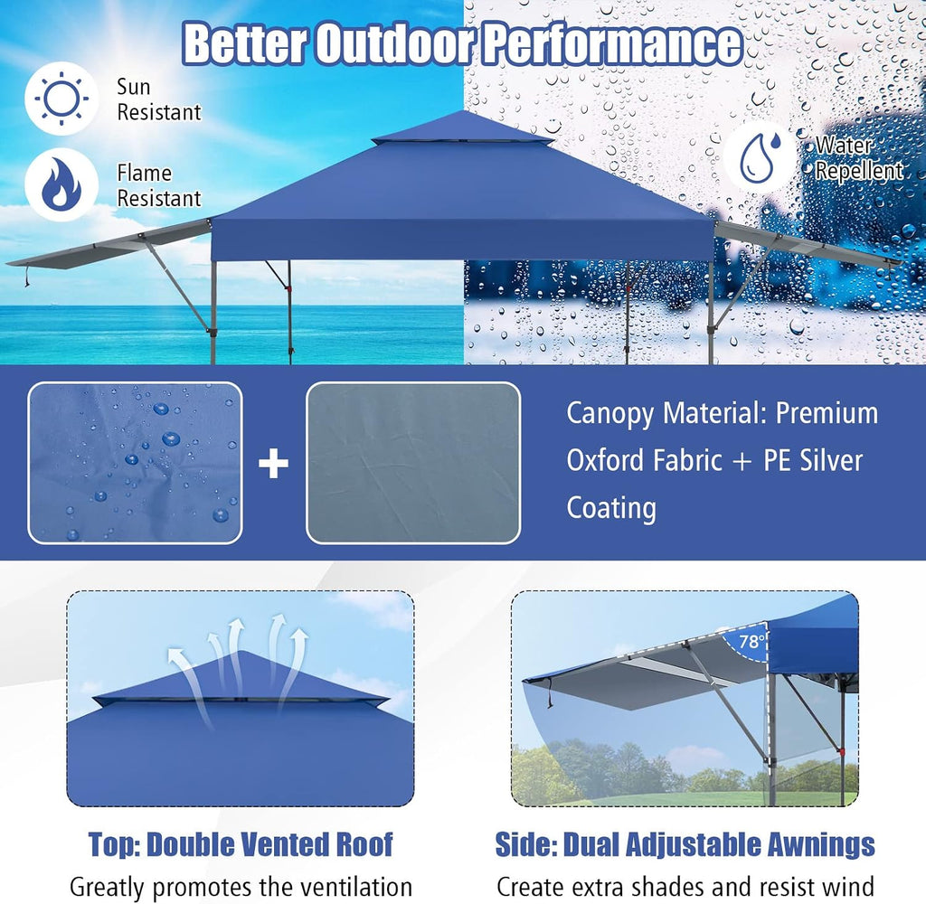 HAPPYGRILL Pop Up Canopy with Dual Awnings 10x17.6 FT, Outdoor Gazebo Shelter with Portable Wheeled Carrying Bag, Easy Setup Instant Tent for Patio Camping Picnic (Blue)