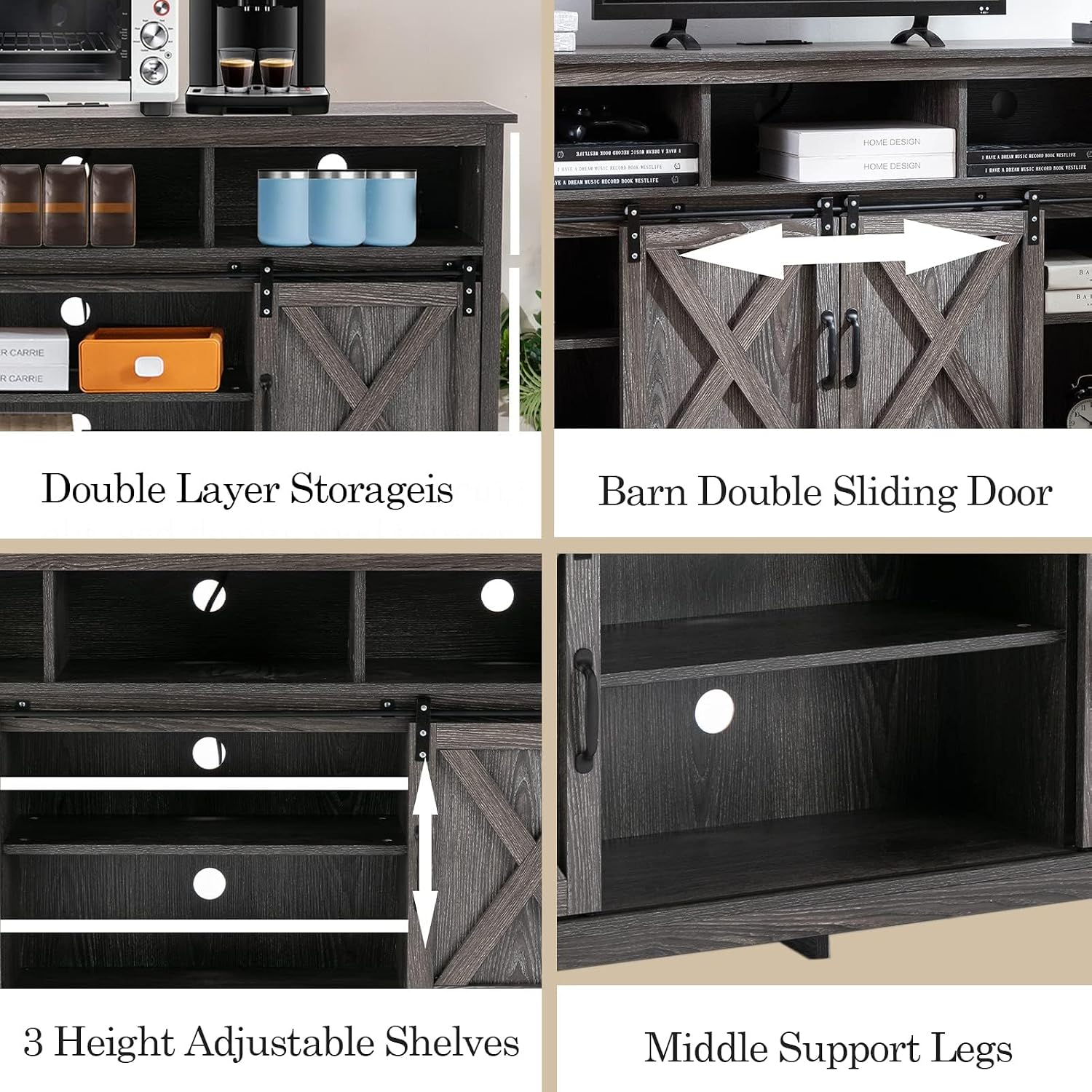 Vinctik 6&Fox 57In Wooden Farmhouse Entertainment Center for 60/65 inch TV,Double Layer Storage Farmhouse TV Stand,Double-Row Sockets with Wood Sliding Barn Door TV Stand(Double Layer Grey Wash)