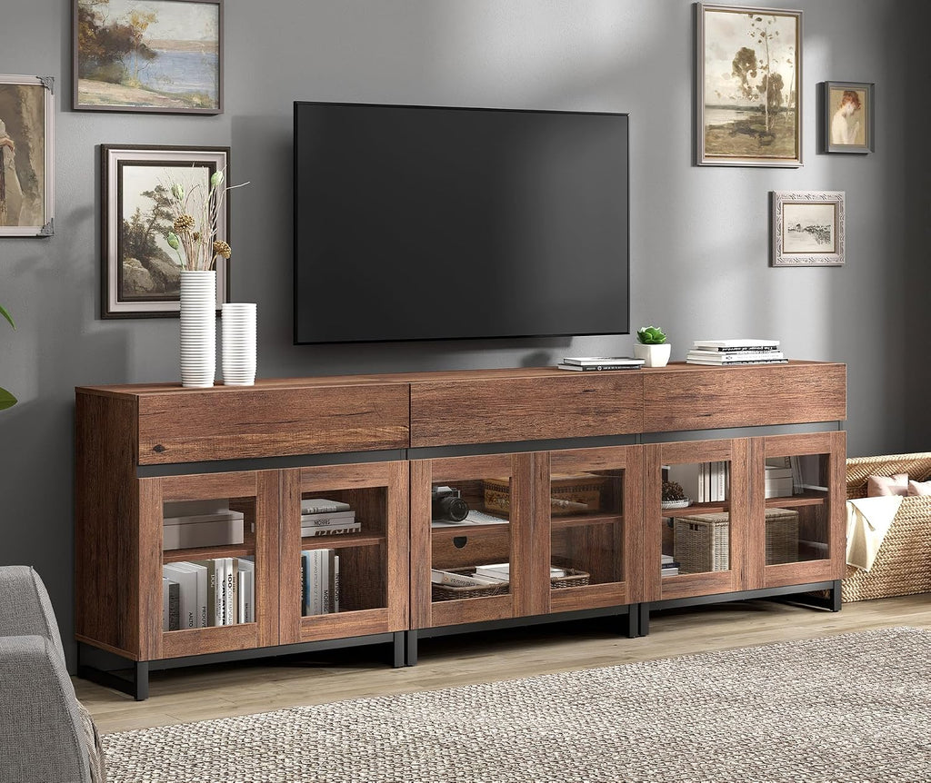 WAMPAT Modern TV Stand with Glass Doors for 70-100 inch TVs, 3 in 1 Entertainment Center Console with 3 Drawers and Metal Base for Living Room, Bedroom, Brown
