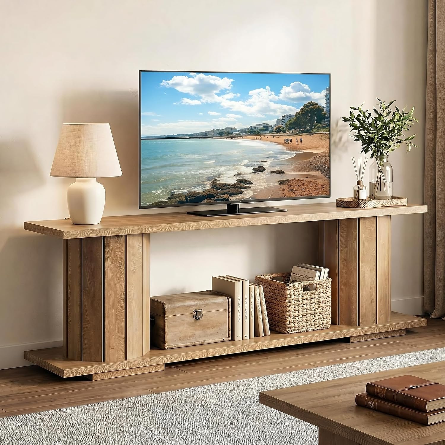 LITTLE TREE Wooden TV Stand for 60/65/70 Inch TVs, Entertainment Center with Open Storage Shelves, Farmhouse TV Console Media Television Stands for Living Room, Bedroom, Natural Wood Color