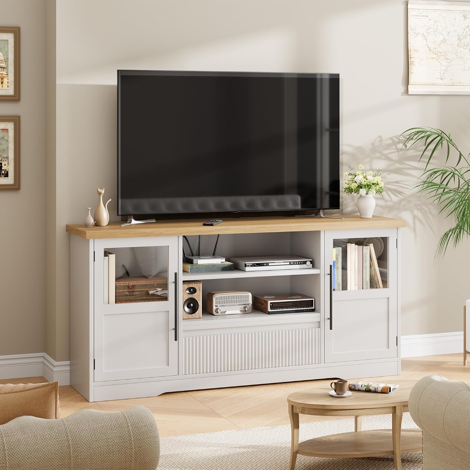 GarveeHome TV Stand, 72 in Wave Pattern Entertainment Center with 2 Glass Door Cabinets, Farmhouse TV Media Console with Open Storage Compartments for Living Room, White & Natural