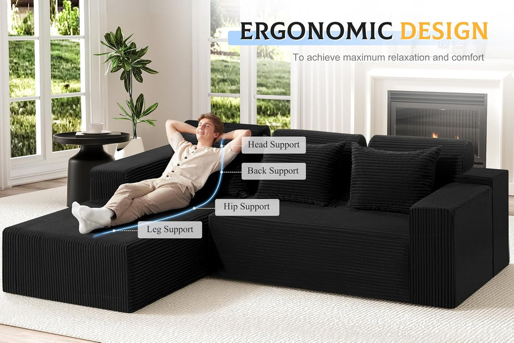 Homguava Modular Sectional Couches for Living Room,105' Cloud Couch with L-Shape Chaise,Comfy Sofa Living Room Sofas with Deep Seat,No Assembly L Couch,Corduroy Fabric(Black,L)