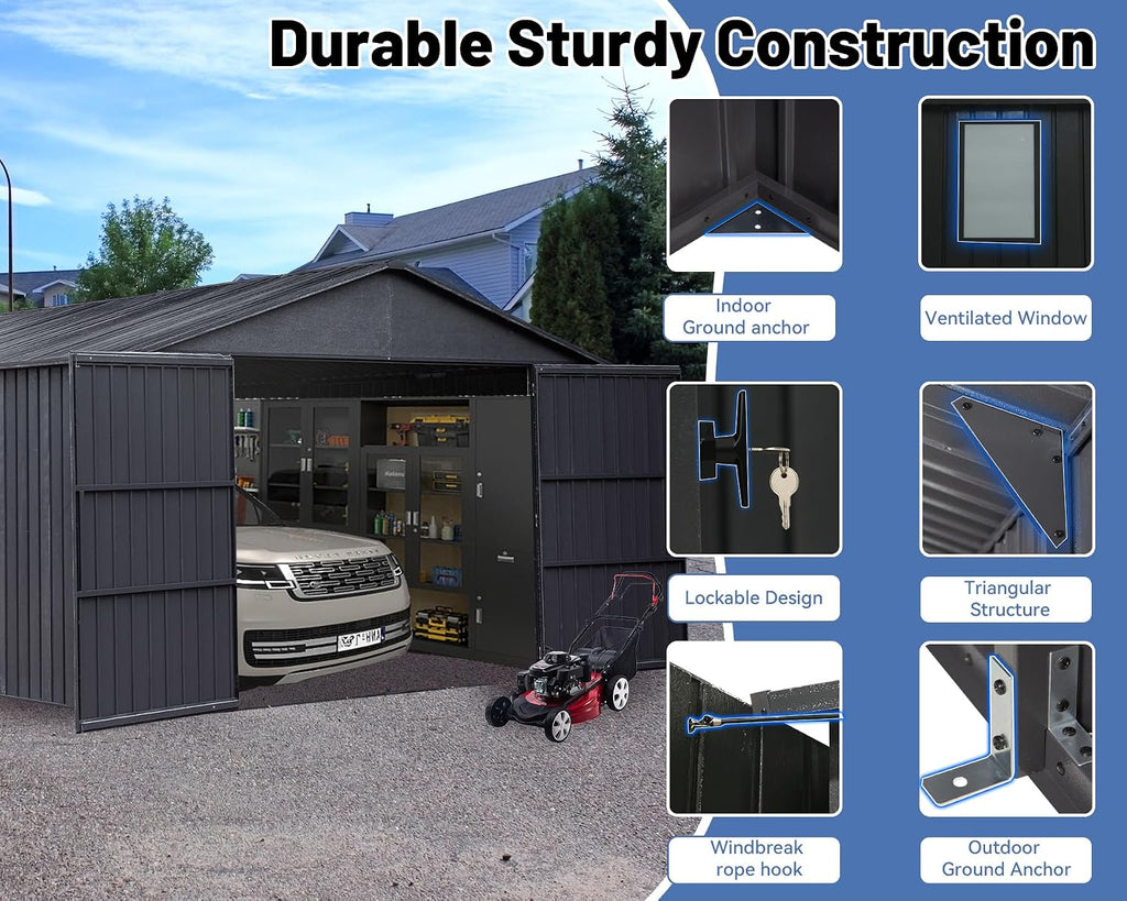 12x25FT Metal Carport, Heavy Duty Metal Garage with 2 Lockable Doors, Metal Steel Storage Shed, Metal Shed, Car Garage, Outdoor Large Garage for RV, Truck & Lawnmower -Dark Grey