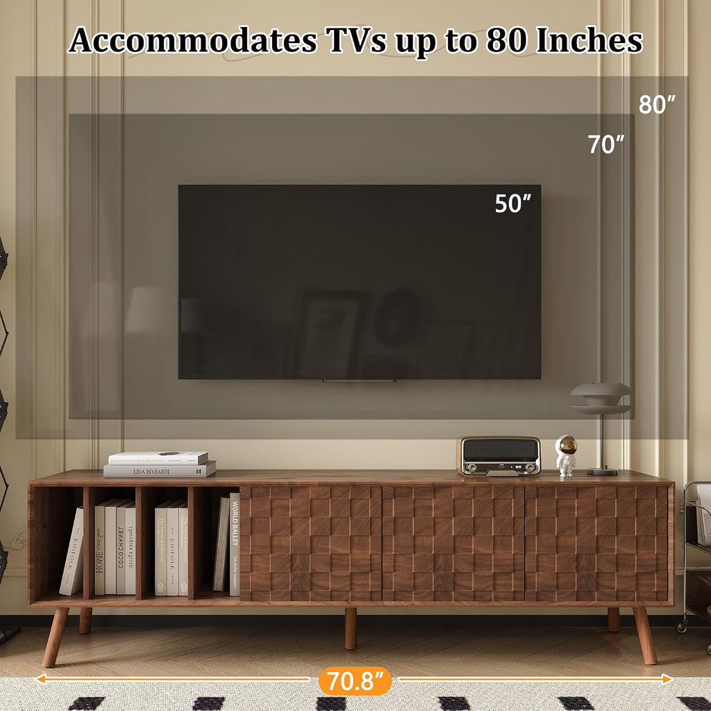 Merax 70' TV Stand for TVs Up to 80', Modern Entertainment Center with 3 Doors and Vertical Open Shelves, Media Console with Unique Mosaic Front Design for Living Room
