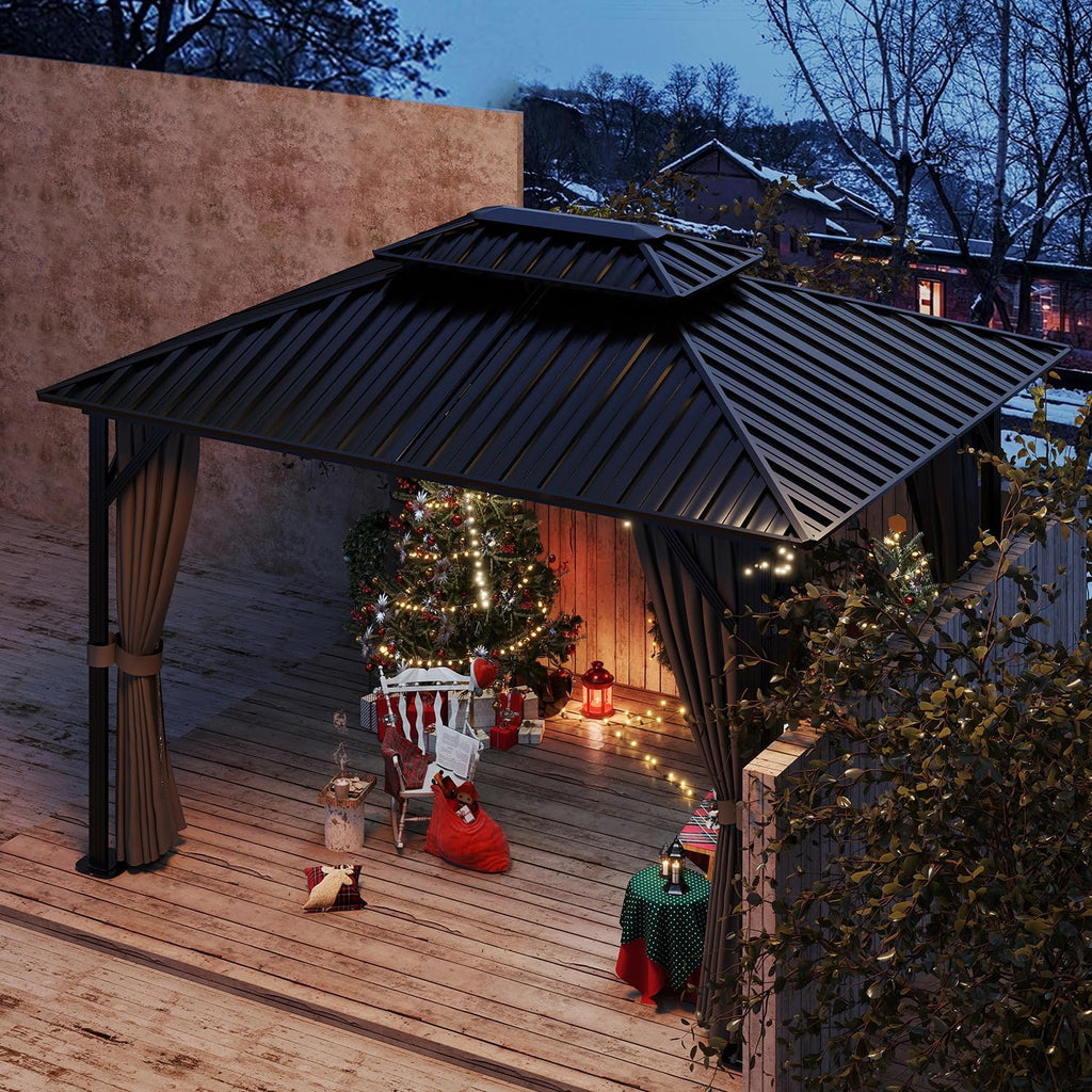 10'x12' Hardtop Gazebo, Double Galvanized Steel Roof with Sturdy Aluminum Frame, Outdoor Pavilion with Mosquito Netting and Privacy Curtains for Patio, Deck, and Backyard