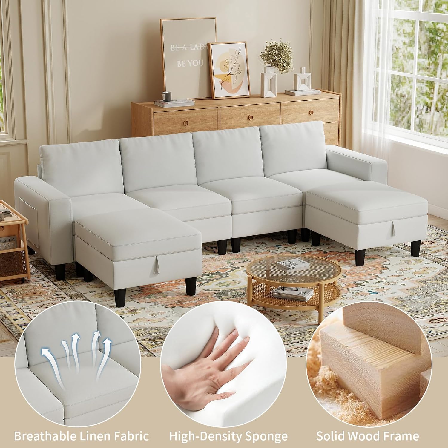 Modular Sectional Couches for Living Room, 110' U Shaped Sectional Sofa with Adjustable Backrest, 6 Seat Linen Cloud Couch Sectionals with Storage Ottoman for Apartment (White)