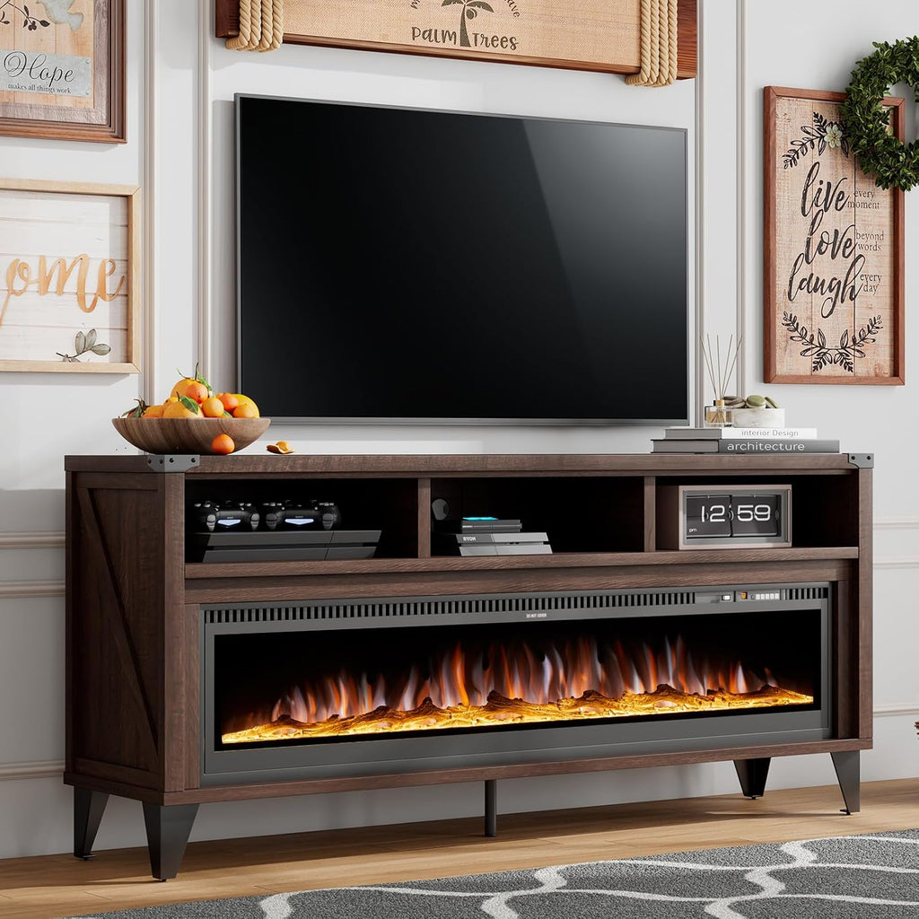 AMERLIFE 65' Fireplace TV Stand with 60' Glass Electric Fireplace, Industrial & Farmhouse Media Entertainment Center with Open Shelve Storage for TVs Up to 75', TV Console for Living Room, Espresso