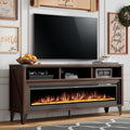 AMERLIFE 65' Fireplace TV Stand with 60' Glass Electric Fireplace, Industrial & Farmhouse Media Entertainment Center with Open Shelve Storage for TVs Up to 75', TV Console for Living Room, Espresso