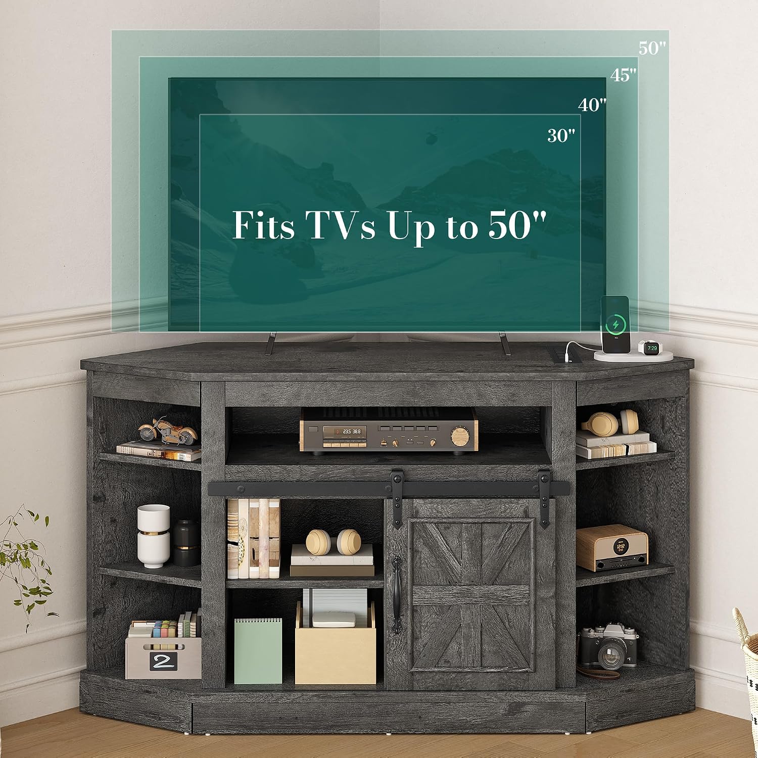YITAHOME Corner TV Stand for 50 Inch TV, Farmhouse Entertainment Center with Storage & Power Outlet, TV Console Cabinet and Sliding Barn Door for Living Room, Carbon Gray
