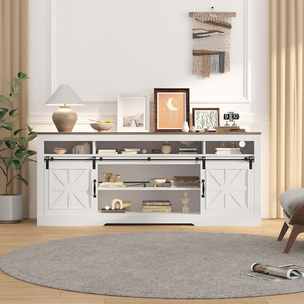 IDEALHOUSE Farmhouse TV Stand for 75 Inch TV, Entertainment Center with Storage Cabinets and Sliding Barn Doors, Media TV Console Table for Living Room Bedroom (27.6' H White)