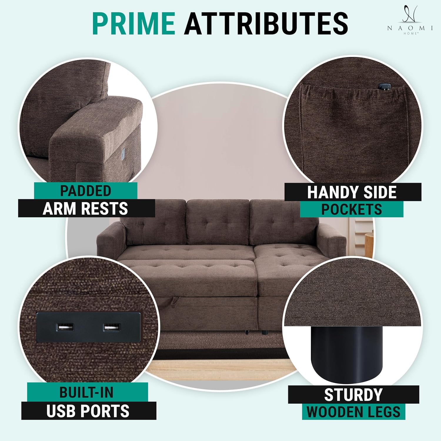 Naomi Home L-Shaped Sectional Sleeper Sofa with USB Ports - Convertible Pull-Out Bed, Ample Storage, Timeless Design, Durable Construction Espresso/Microfiber