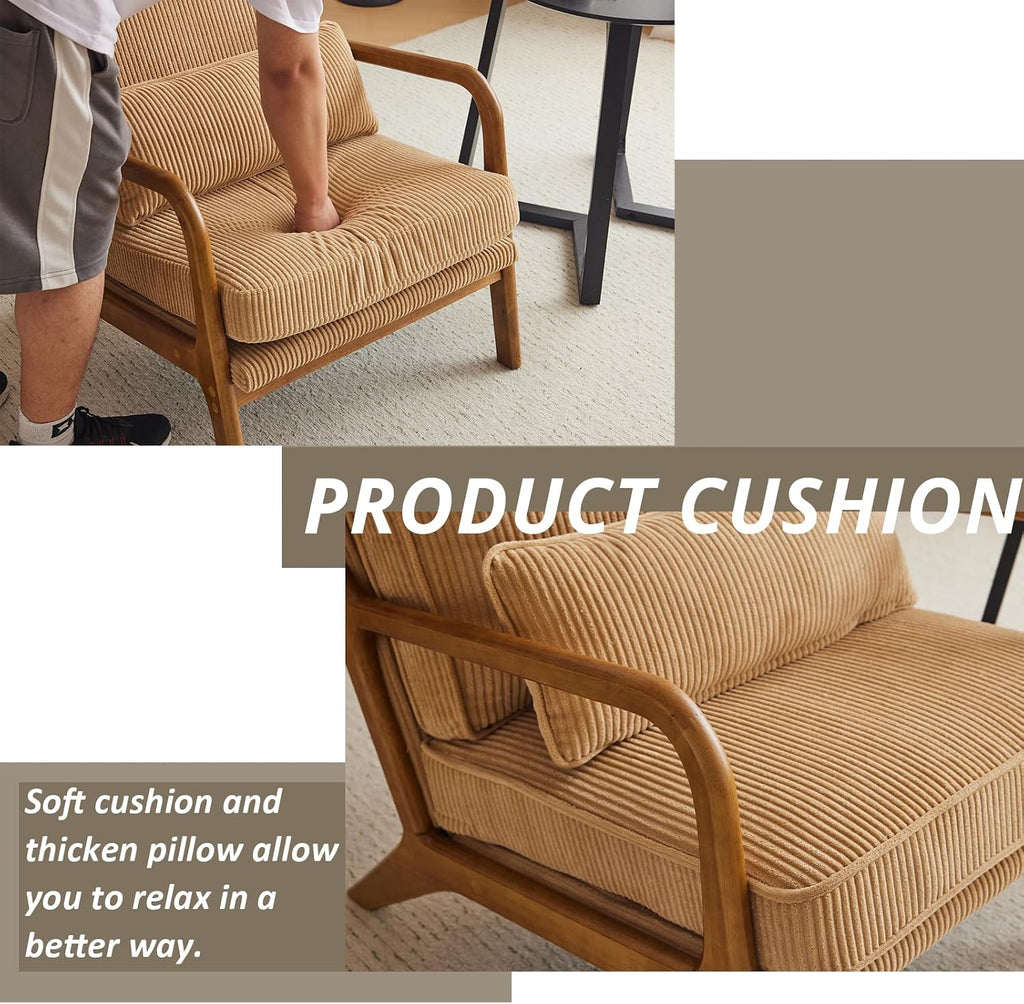 Karl home Mid-Century Modern Accent Chair, Living Room Chairs with Pillow Upholstered Lounge Armchair with Solid Wood Frame & Soft Cushion for Bedroom, Reading Room, Corduroy Khaki (Low Back)