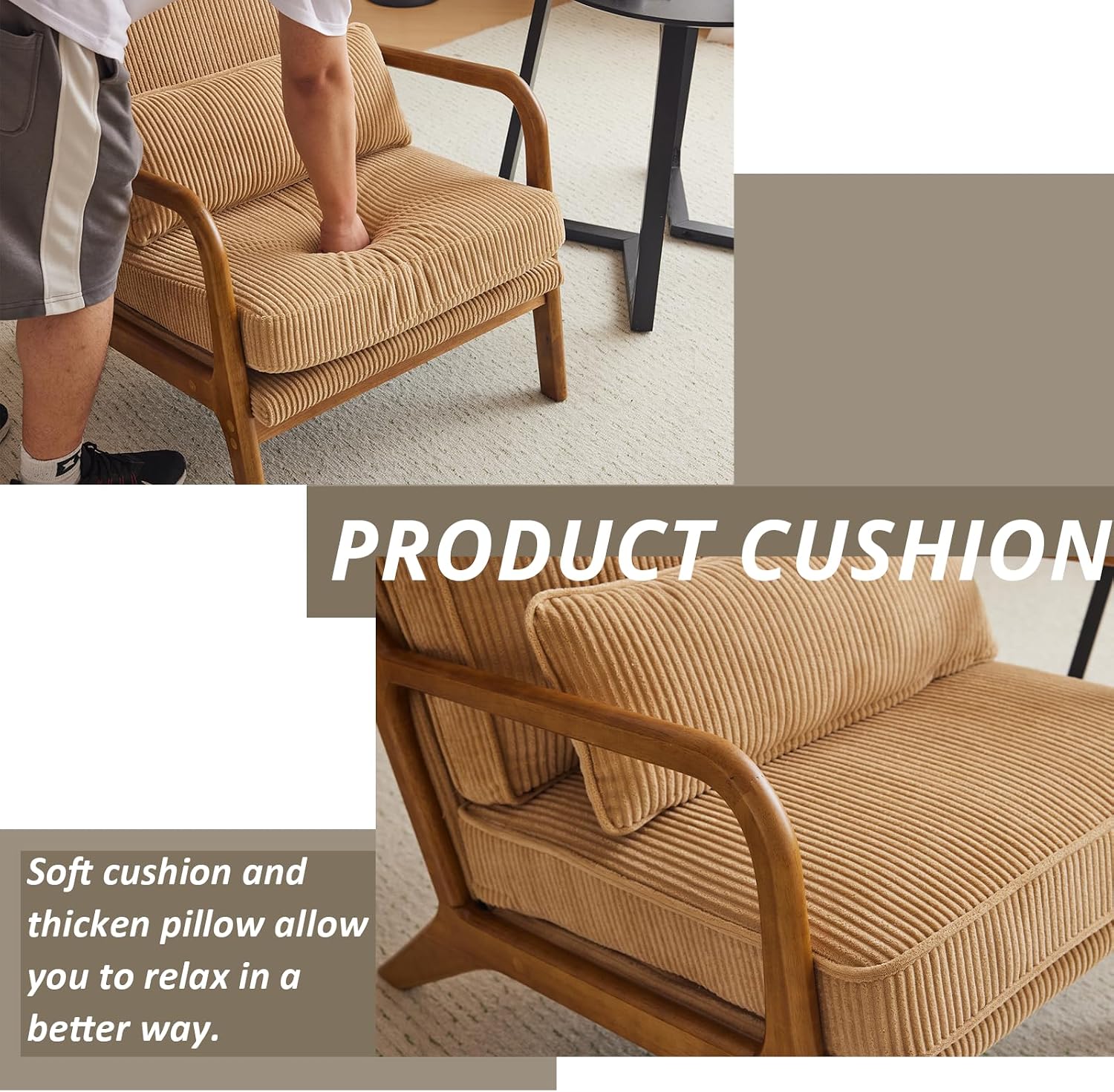 Karl home Mid-Century Modern Accent Chair, Living Room Chairs with Pillow Upholstered Lounge Armchair with Solid Wood Frame & Soft Cushion for Bedroom, Reading Room, Corduroy Khaki (Low Back)