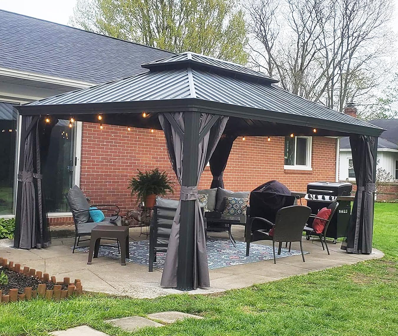 Domi 12x14 Outdoor Gazebo, Hardtop Gazebo with Aluminum Frame, Heavy Duty Pavilion Gazebo for Patio Deck Backyard, Curtain and Netting Included, Grey