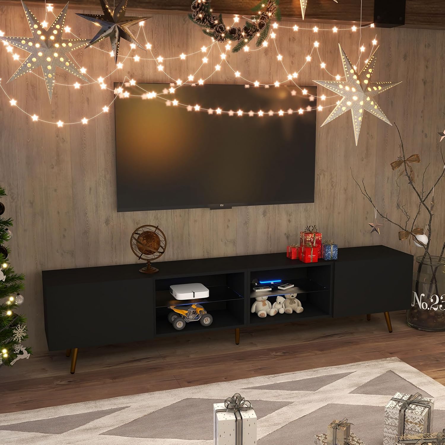 Bonzy Home 86' TV Stand, Modern Entertainment Center for 75' TV, Television Console Table with Storage Cabinets for Living Room, Black