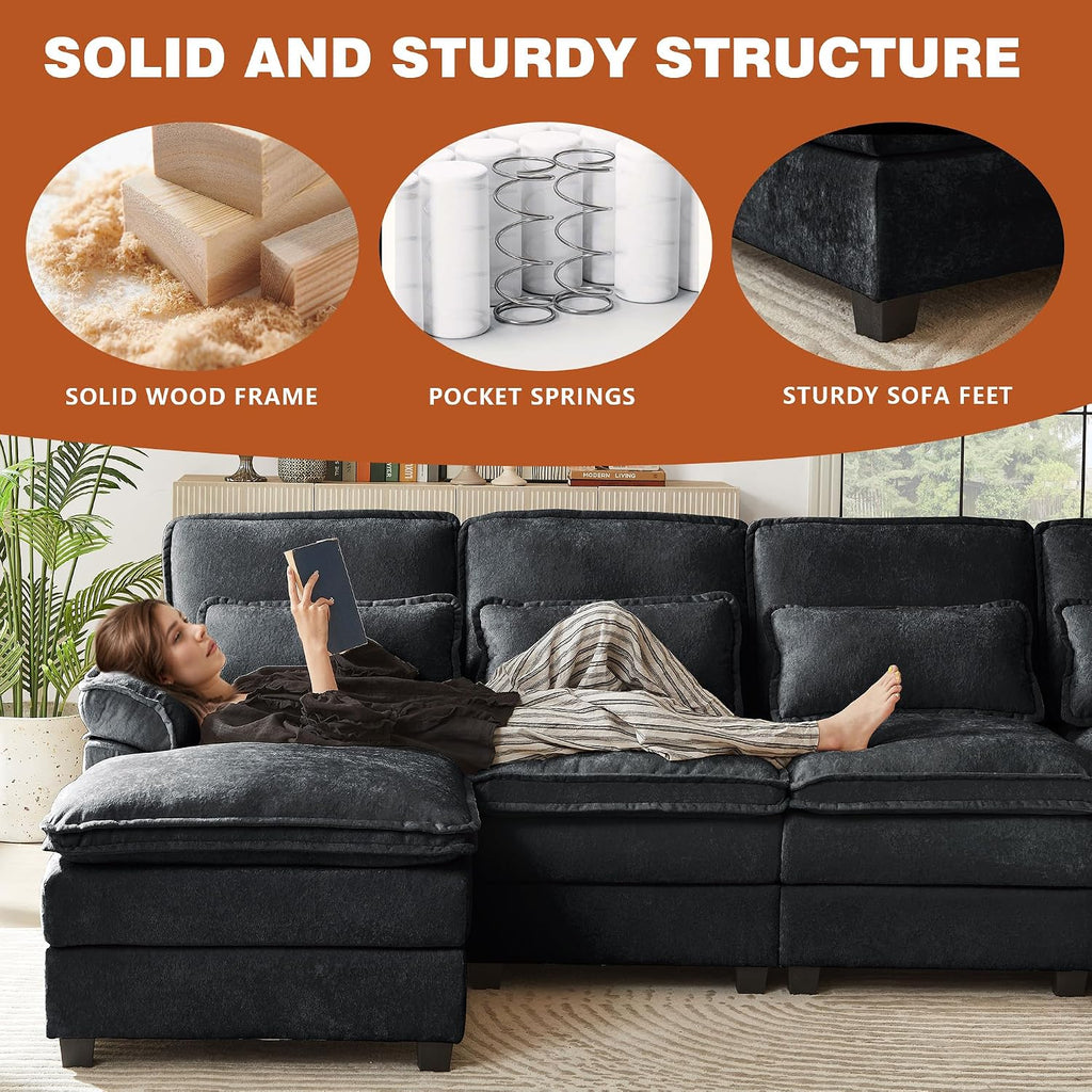 113' Oversized Cloud Couch, U Shape Sectional 4 Seat Sofa with Double Chaises, 2 Layer Cusions, Deep Seat Comfy Sofa, Upholstery Chenille Fabric for Living Room, Black