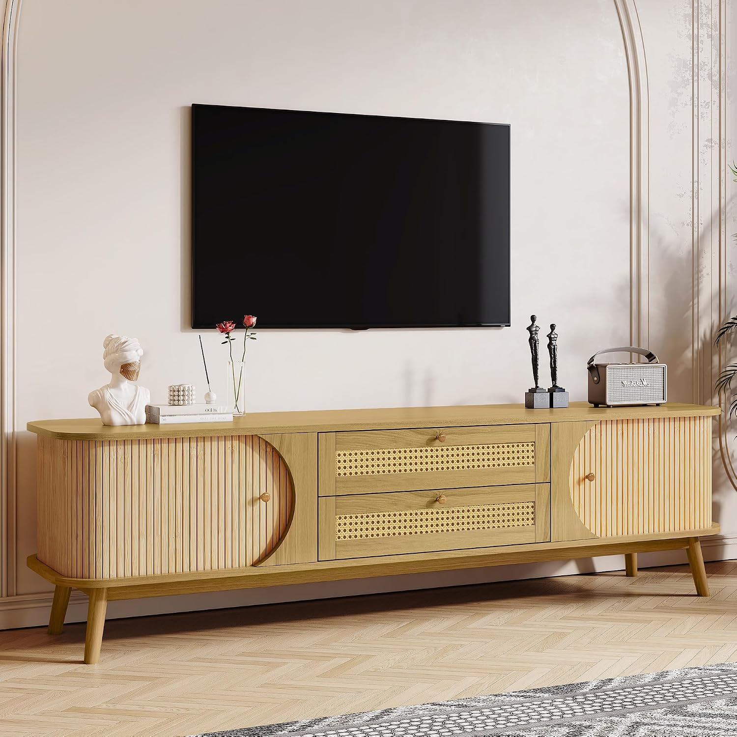 Merax Rattan TV Stand for TVs up to 75', Modern Farmhouse Media Console with Multi-Functional Storage, Boho Entertainment Center with Solid Wood Legs, Television Cabinet for Living Room, Natural+Wood