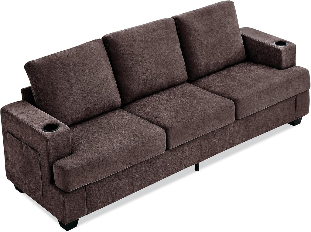 89' Chenille 3-Seater Sofa with Cup Holders and Side Storage Pockets, Modern Sofa for Living Room, Deep Seat Couches for Apartment Lounge, Brown