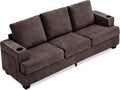 89' Chenille 3-Seater Sofa with Cup Holders and Side Storage Pockets, Modern Sofa for Living Room, Deep Seat Couches for Apartment Lounge, Brown