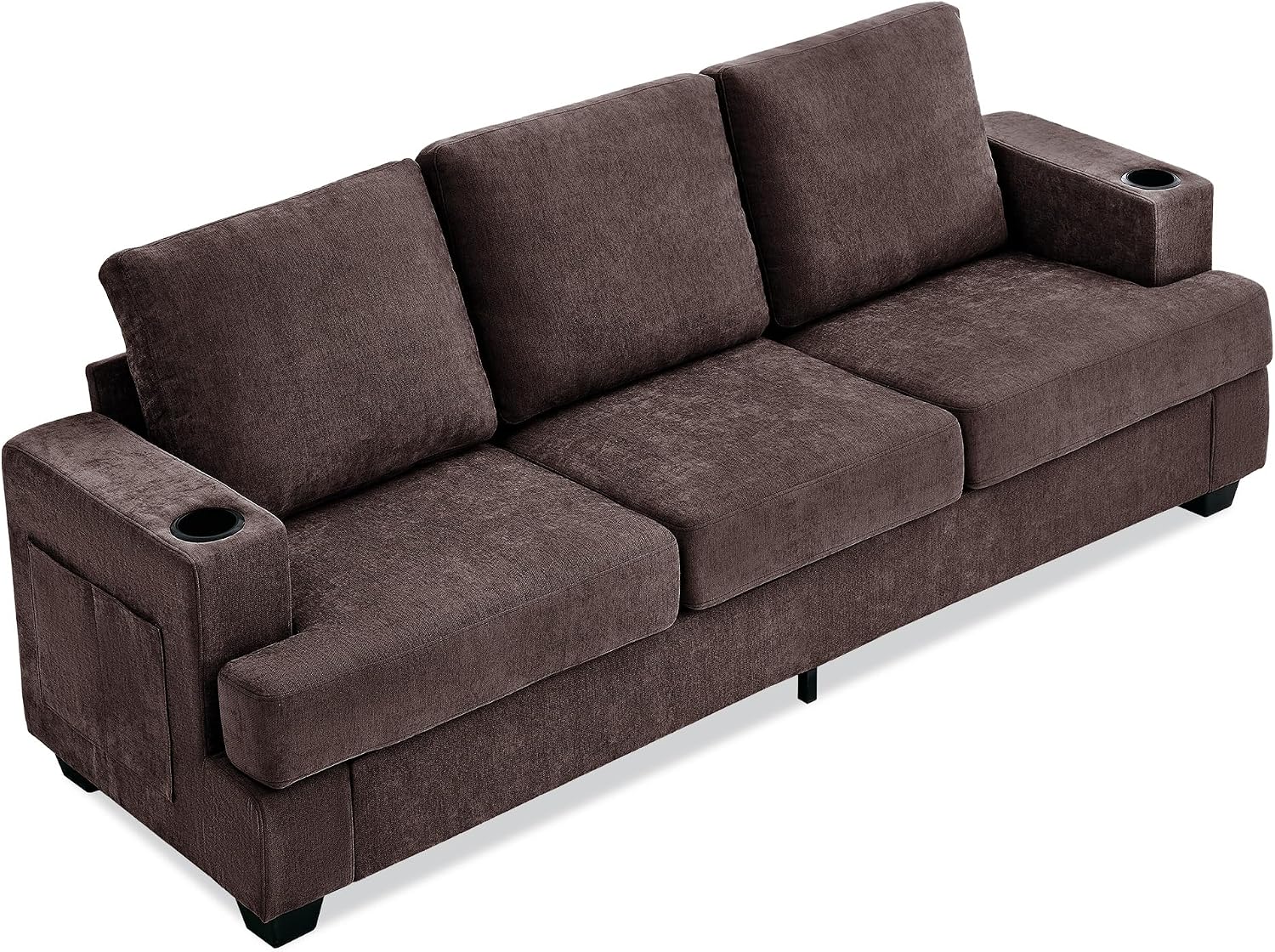 89' Chenille 3-Seater Sofa with Cup Holders and Side Storage Pockets, Modern Sofa for Living Room, Deep Seat Couches for Apartment Lounge, Brown