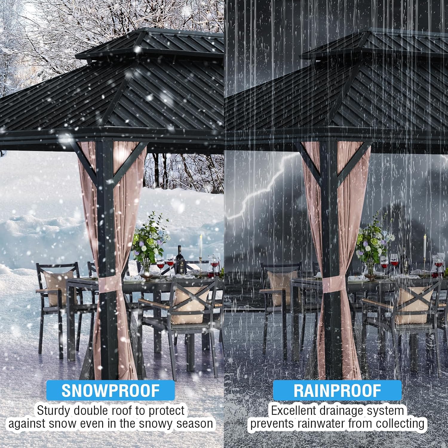 LeDoasis Blazar 12' X 16' Hardtop Gazebo with Nettings and Curtains, Outdoor Gazebo for Patio Lawn and Garden, Vertical Stripes Galvanized Steel Double Roof Canopy