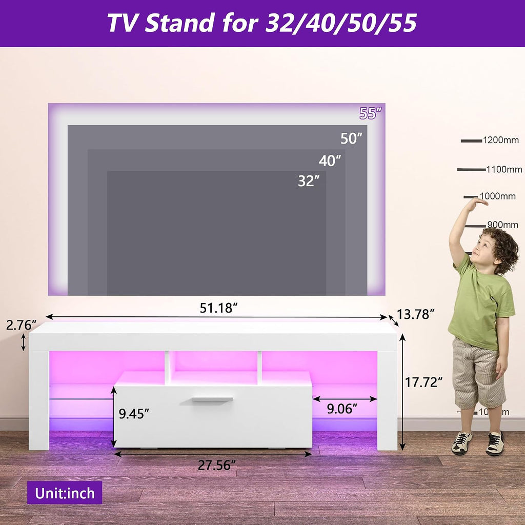 Clikuutory Modern Lighting 51 inch TV Stand with Large Storage Drawer for 32 40 50 55 Inch TVs, TV Console with 20 Color LED Lights, Entertainment Center Media and Open Shelf for Bedroom, White