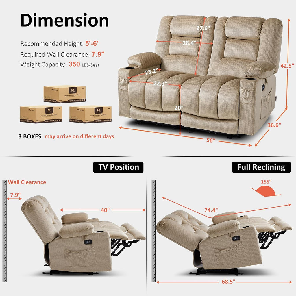 MCombo 55.9' Zero Gravity Power Loveseat Recliner with Heat and Vibration Massage, Reclining Loveseat Sofa with USB Ports, Cup Holders for Living Room, Fabric PR648SET (Beige)