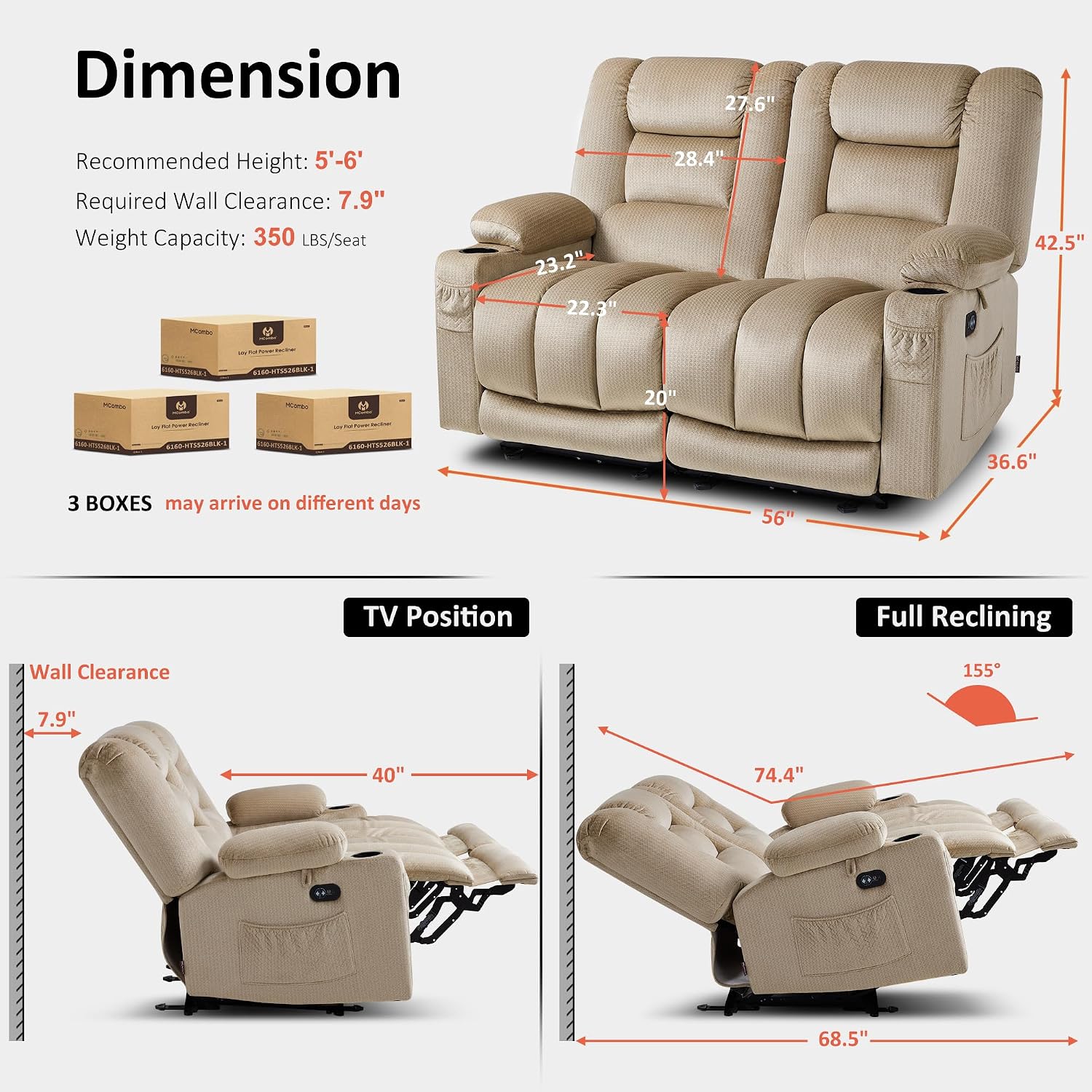 MCombo 55.9' Zero Gravity Power Loveseat Recliner with Heat and Vibration Massage, Reclining Loveseat Sofa with USB Ports, Cup Holders for Living Room, Fabric PR648SET (Beige)