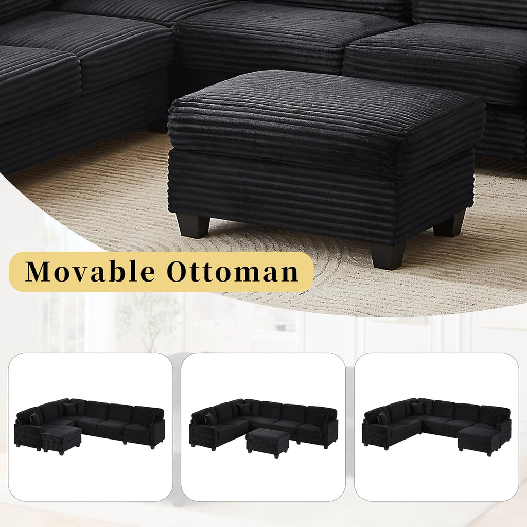 125.2' Sectional Sofa U-Shaped Upholstered Sofa L-Shaped Couch with a Movable Ottoman and Side Storage Pockets for Living Room, Black
