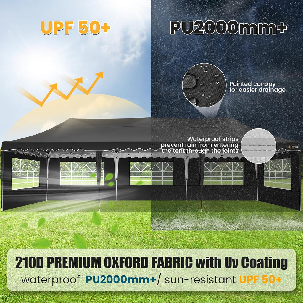HOTEEL 10x30 Pop Up Canopy with 8 Sidewalls, UV 50+ and Waterproof 10×30 Party Tent, Thickened Frame, Large Space Easy Pop Up Canopy, Outdoor Canopy for Weddings, Beaches, Parties, Patio (Black)
