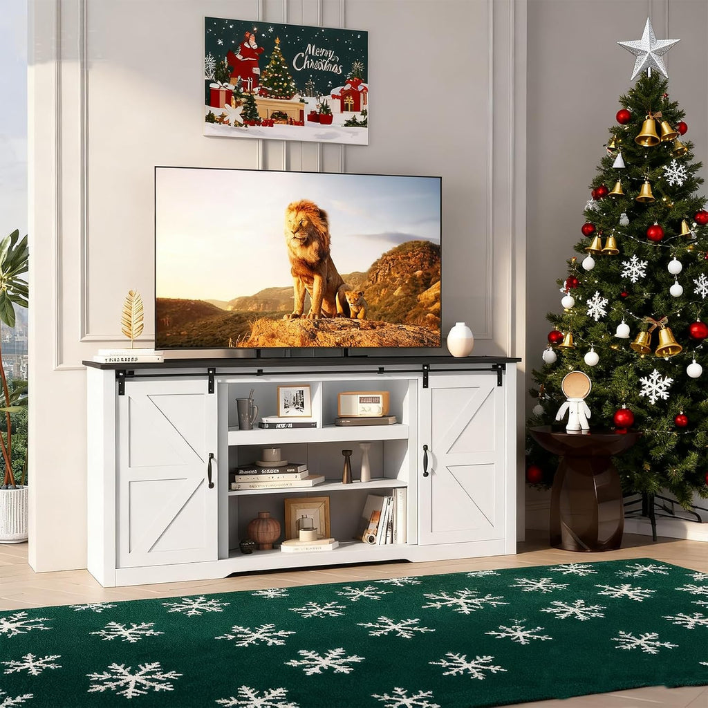 GarveeHome 70' Farmhouse TV Stands for 80-85' TVs, Rustic Wooden Entertainment Center with Adjustable Shelves & Sliding Barn Door, TV Console Table with Open Storage for Home, White+Black Top