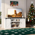 GarveeHome 70' Farmhouse TV Stands for 80-85' TVs, Rustic Wooden Entertainment Center with Adjustable Shelves & Sliding Barn Door, TV Console Table with Open Storage for Home, White+Black Top