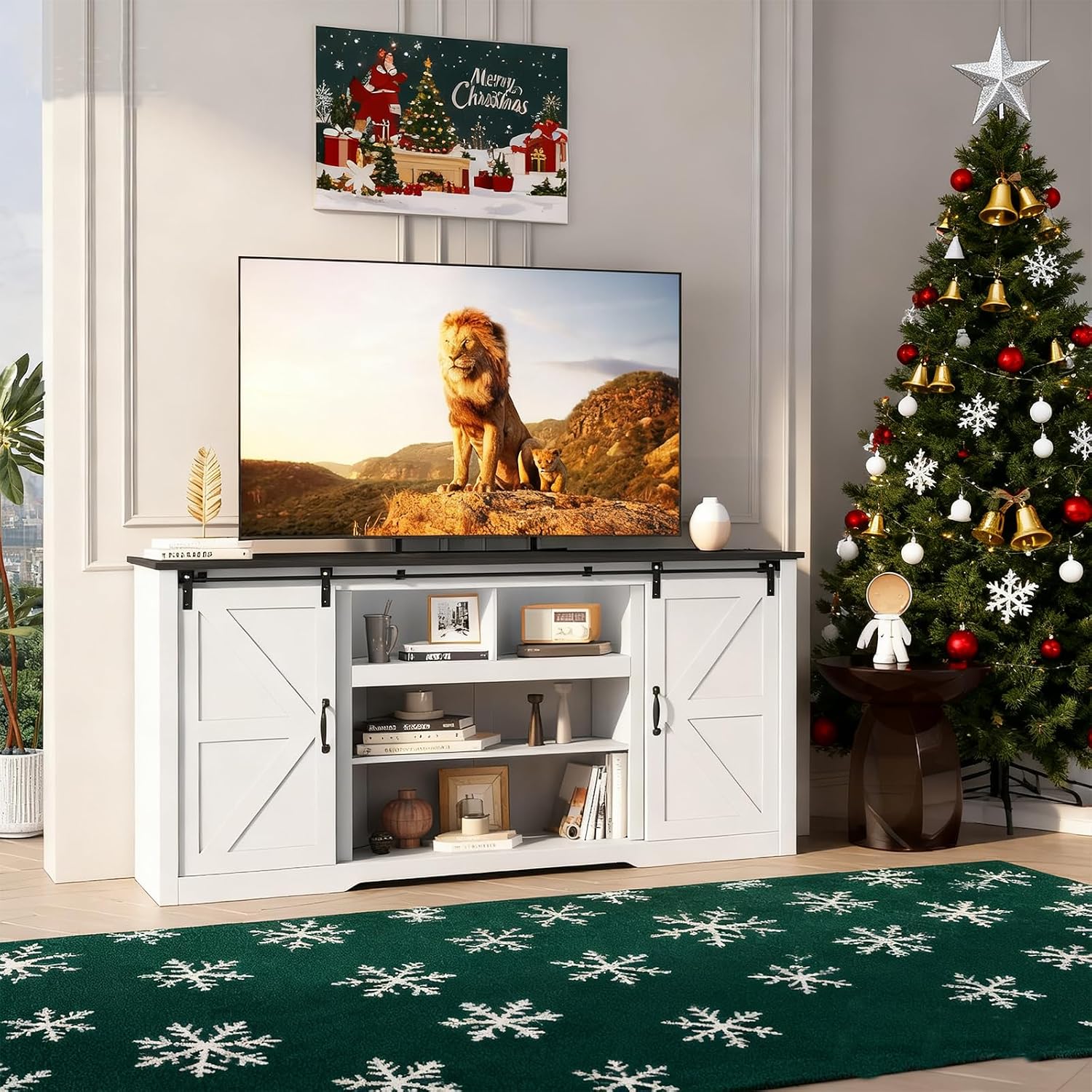 GarveeHome 70' Farmhouse TV Stands for 80-85' TVs, Rustic Wooden Entertainment Center with Adjustable Shelves & Sliding Barn Door, TV Console Table with Open Storage for Home, White+Black Top