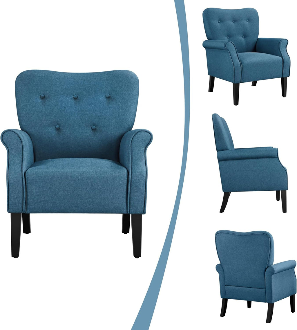 Yaheetech Modern Armchair, Mid Century Accent Chair with Sturdy Wood Legs and High Back for Small Space, Upholstered Fabric Sofa Club Chair for Living Room/Bedroom/Office, Set of 2, Navy Blue
