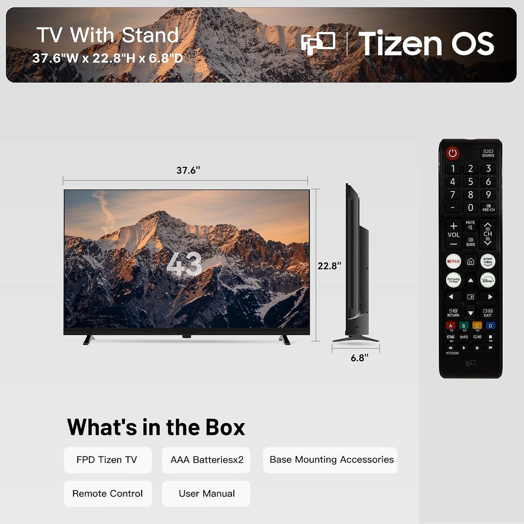 FPD Smart TV 43 Inch, 1080p FHD Television Powered by Tizen OS Compatible with Samsung TV Plus, Dolby Audio, HDR 10, SmartThings, Miracast, Gaming Hub, Voice Control Flat Screen TV (AT43-P1)