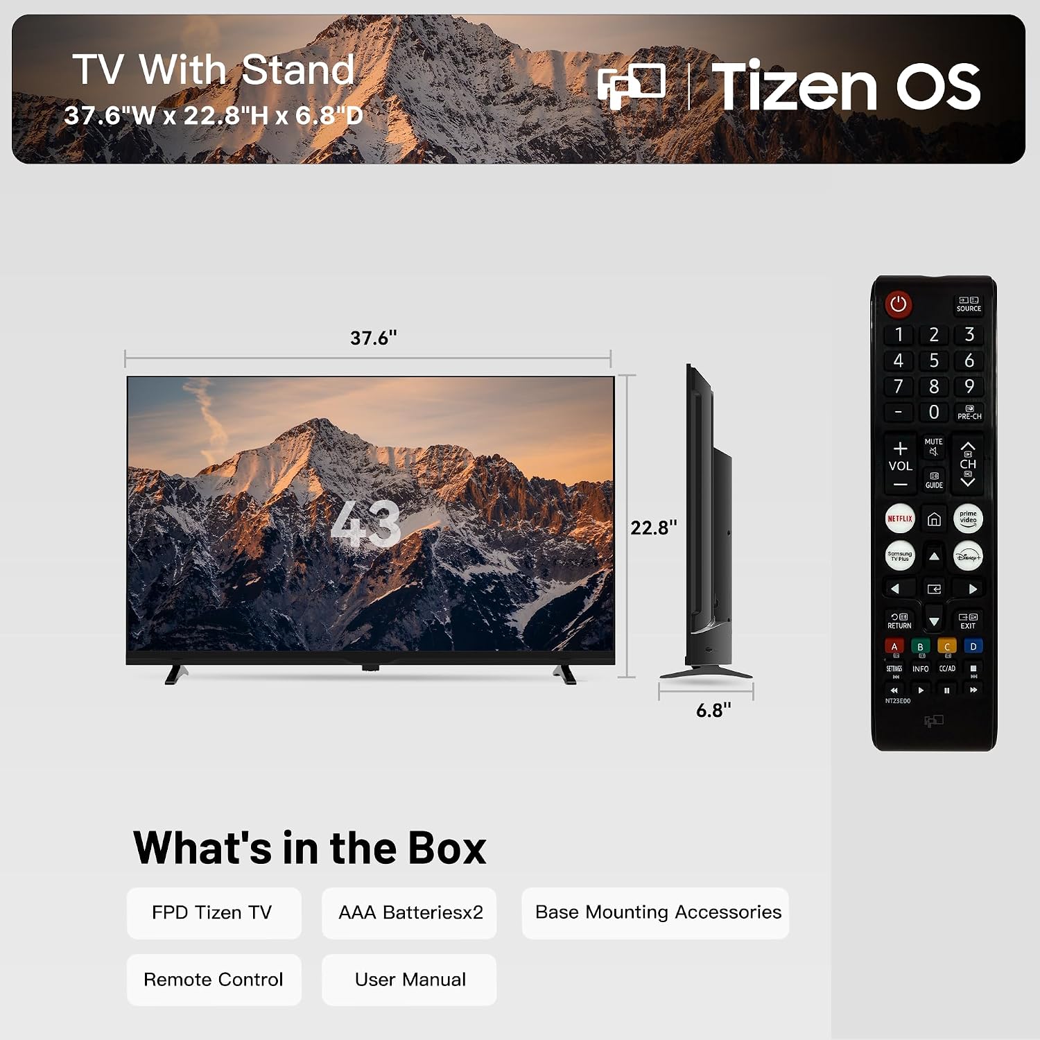 FPD Smart TV 43 Inch, 1080p FHD Television Powered by Tizen OS Compatible with Samsung TV Plus, Dolby Audio, HDR 10, SmartThings, Miracast, Gaming Hub, Voice Control Flat Screen TV (AT43-P1)