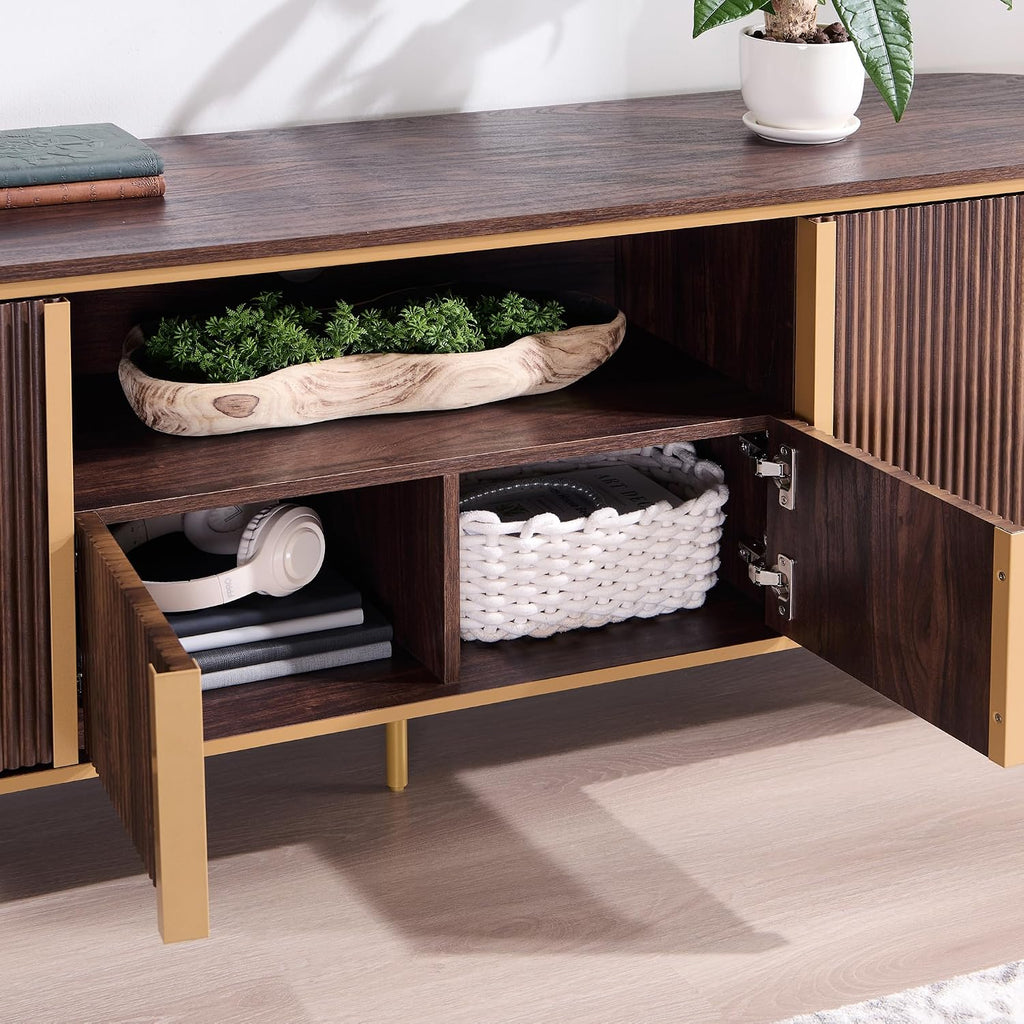 OKD Luxury 70' Fluted TV Stand, Modern Chic Entertainment Center for TVs Up to 80 inches, TV Console with Faux Marble Top, Curved Profile Design, Media Console for Living Room, (Dark Walnut)