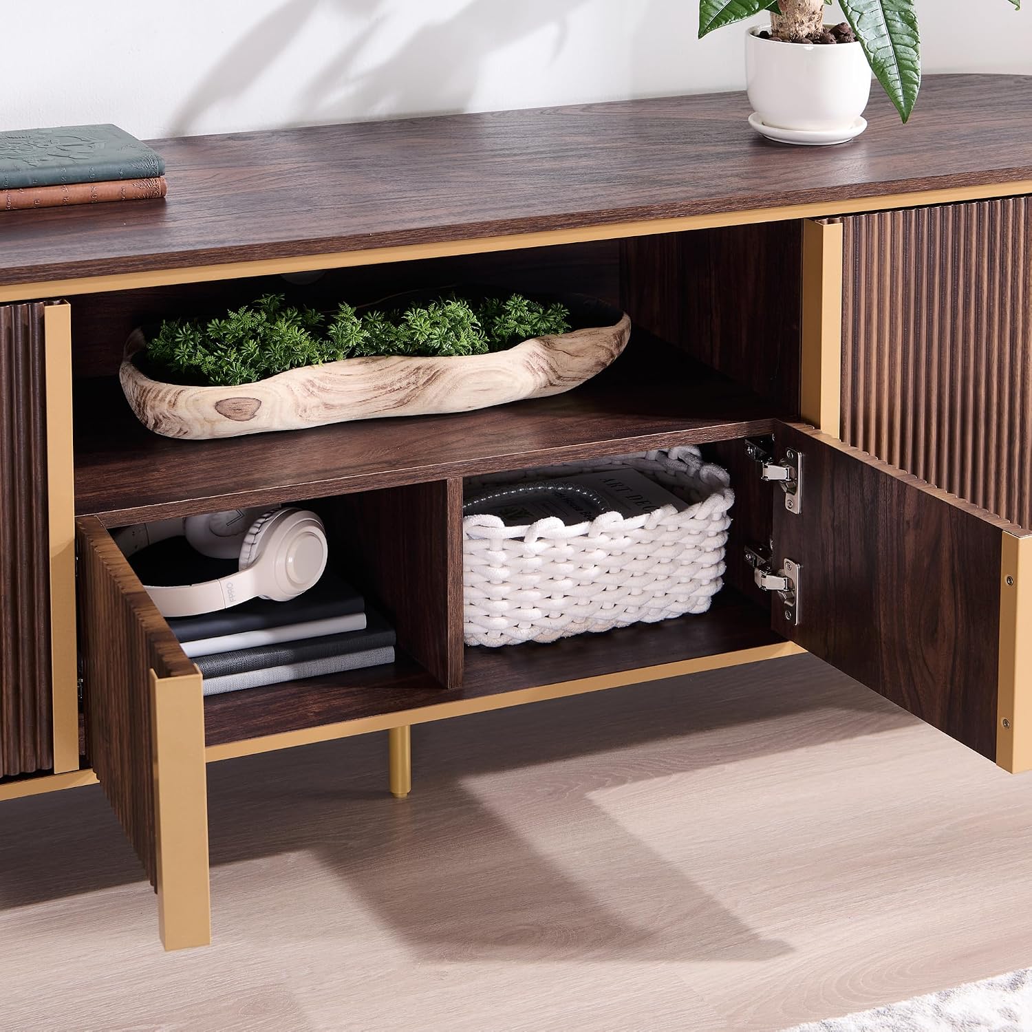 OKD Luxury 70' Fluted TV Stand, Modern Chic Entertainment Center for TVs Up to 80 inches, TV Console with Faux Marble Top, Curved Profile Design, Media Console for Living Room, (Dark Walnut)