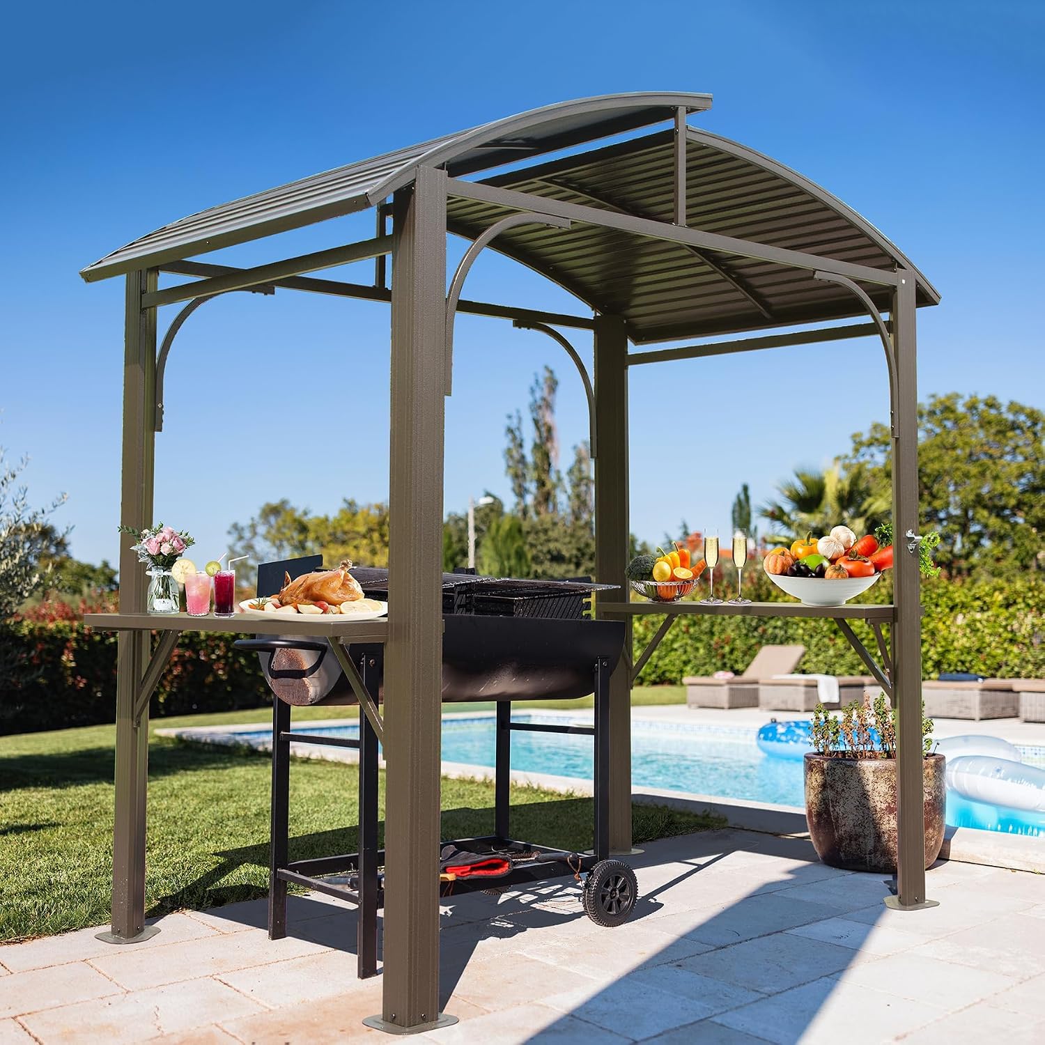 8x5 Grill Gazebo, Outdoor BBQ Gazebo with Double Galvanized Steel Roof, Barbeque Hardtop Grill Gazebo with 2 Side Shelves and Bottle Opener, Metal Grilling Gazebo for Patio, Garden, Backyard (Brown)