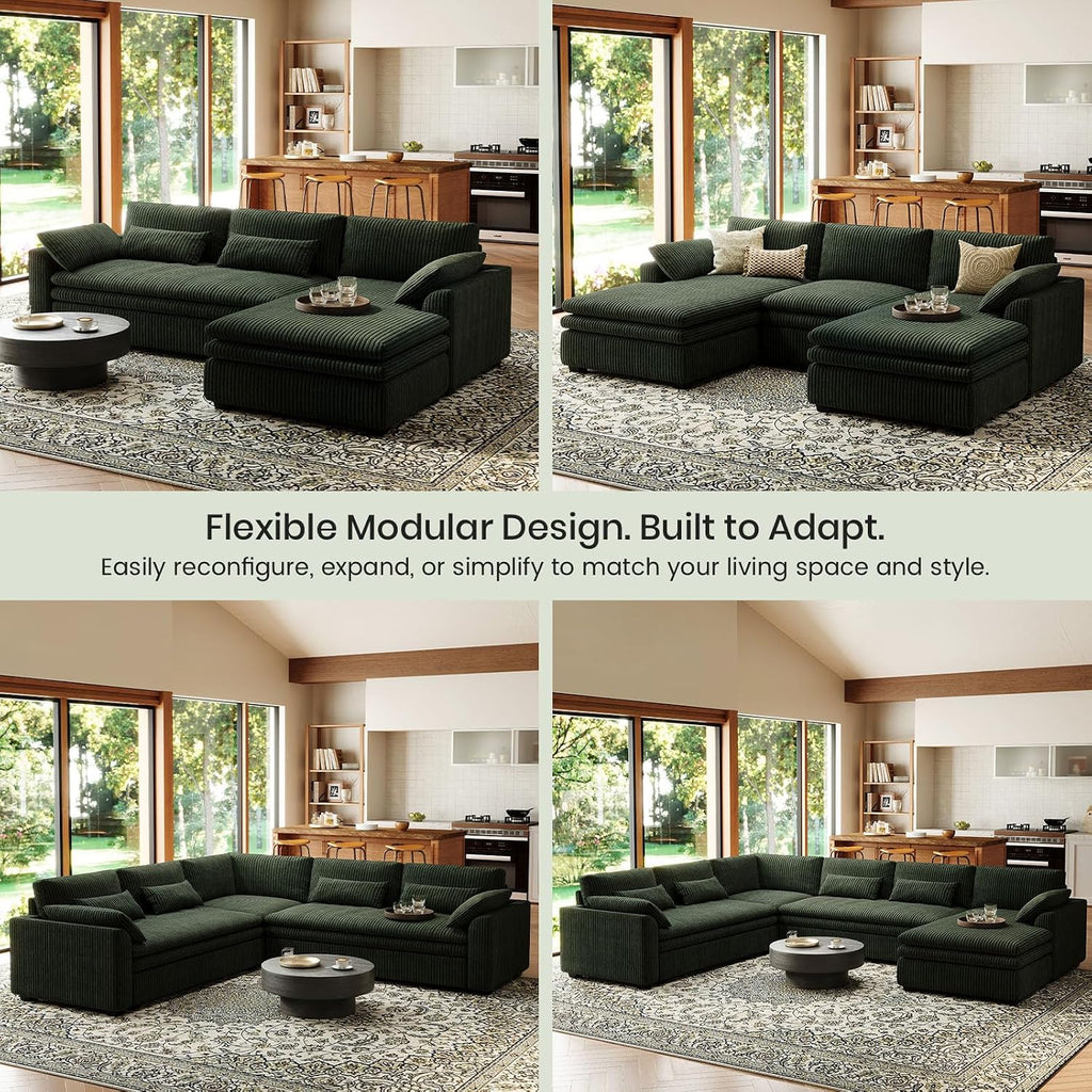 Belffin Large Modular Sectional Sofa with Double Deep Chaise, 135' Corduroy U Shaped Sectional Couch with 9' Soft Dual-Layer 6 Seats U Shaped Couch for Living Room, Apartment, Green