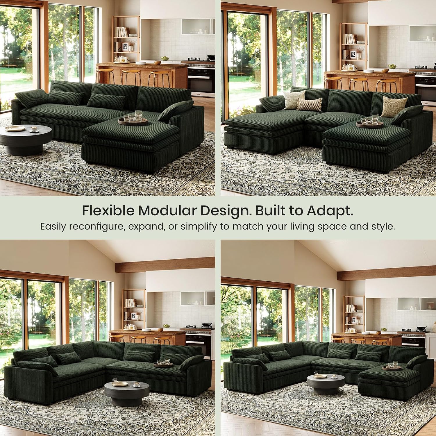 Belffin Large Modular Sectional Sofa with Double Deep Chaise, 135' Corduroy U Shaped Sectional Couch with 9' Soft Dual-Layer 6 Seats U Shaped Couch for Living Room, Apartment, Green