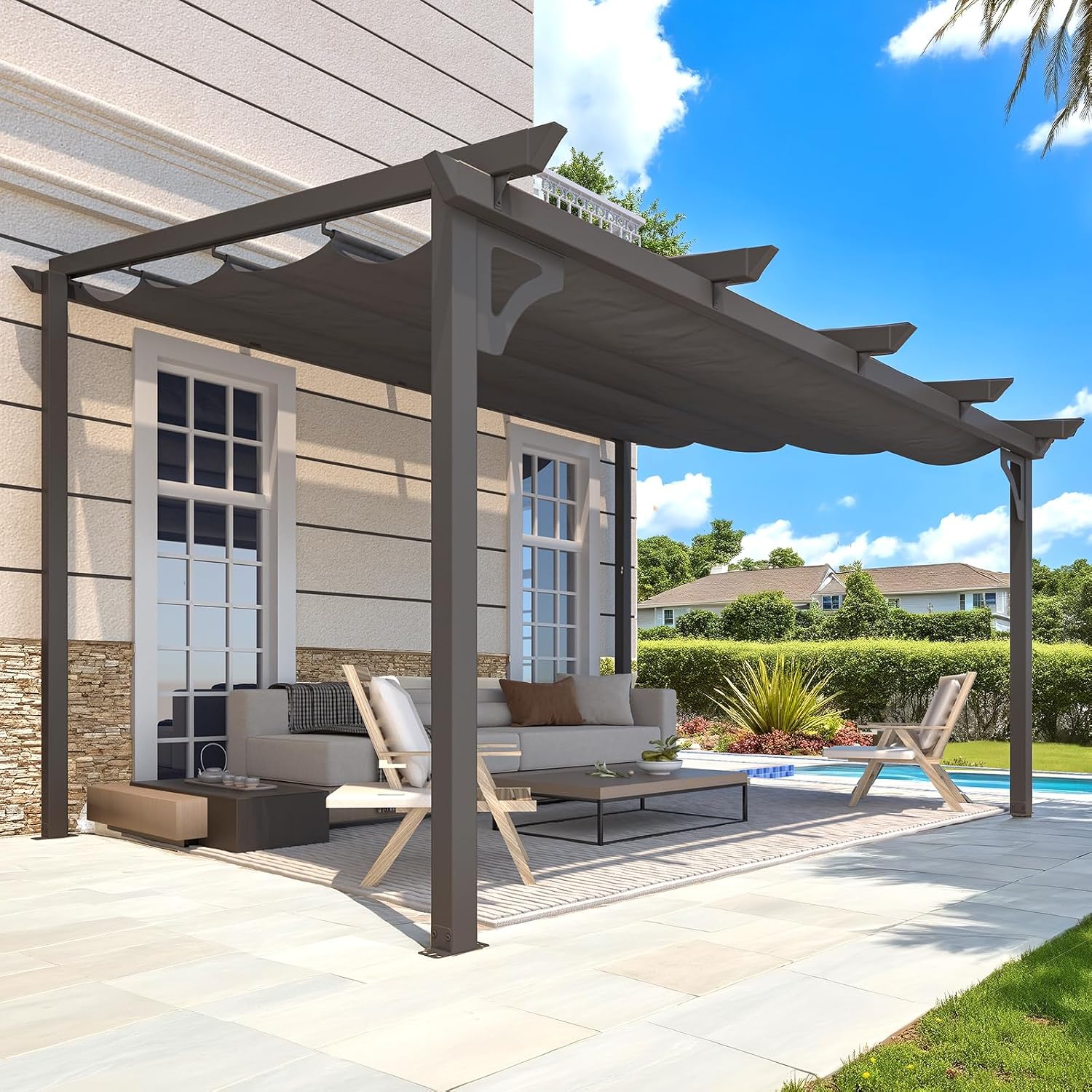AECOJOY Retractable 10' x 14' Gazebo Pergola for Patio, Adjustable Sun Shade Canopy Roof, Small Wall-Mounted Lean to Outdoor Pergolas and Gazebos Clearance, Metal Awnings for Decks, Patio