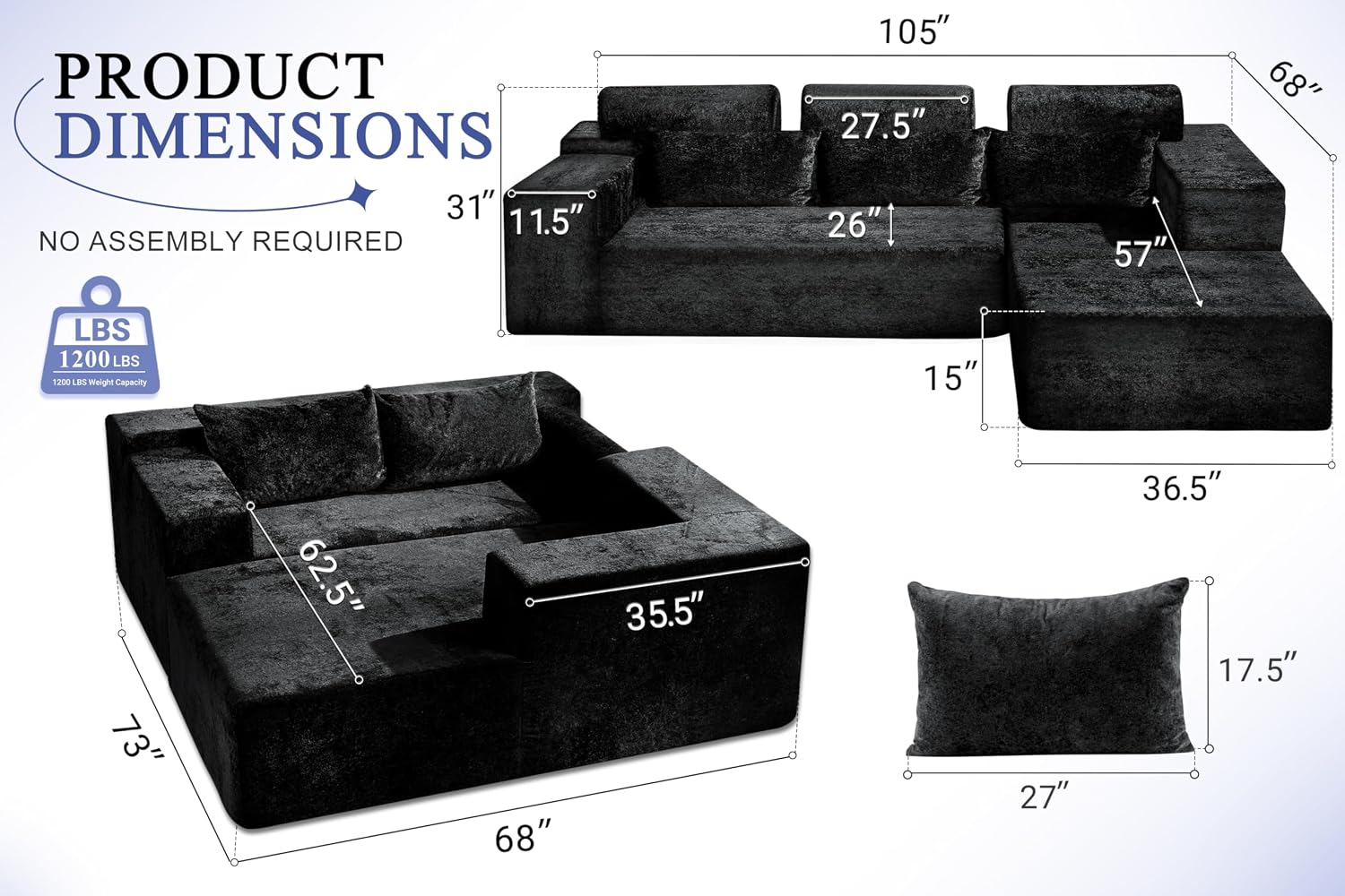 HABUTWAY 105' L-Shape Modular Sectional Sofa Couch for Living Room,No Assembly Required,Modular Comfy Sofa with Deep Seat for Living Room Bedroom,Luxury Distressed Velvet(Right,Black)
