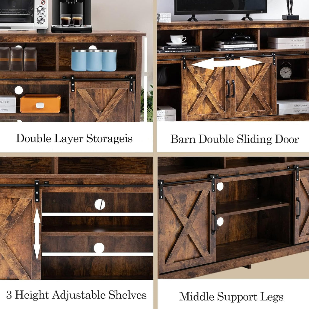 Vinctik 6&Fox 57In Wooden Farmhouse Entertainment Center for 60/65 inch TV,Double Layer Storage Farmhouse TV Stand,Double-Row Sockets with Wood Sliding Barn Door TV Stand, Double Layer Vintage Brown