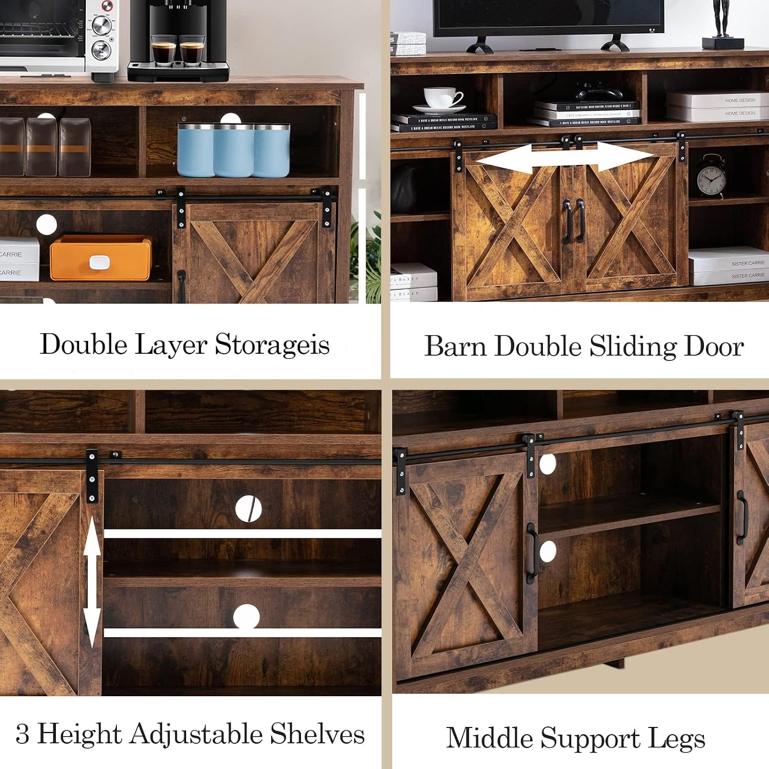 Vinctik 6&Fox 57In Wooden Farmhouse Entertainment Center for 60/65 inch TV,Double Layer Storage Farmhouse TV Stand,Double-Row Sockets with Wood Sliding Barn Door TV Stand, Double Layer Vintage Brown